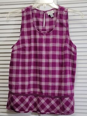 St. John's Bay Women XL Purple White Plaid Round Neck Sleeveless Button Blouse